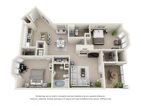 Floor plan for 2 beds, 2 baths, 1275 sqft